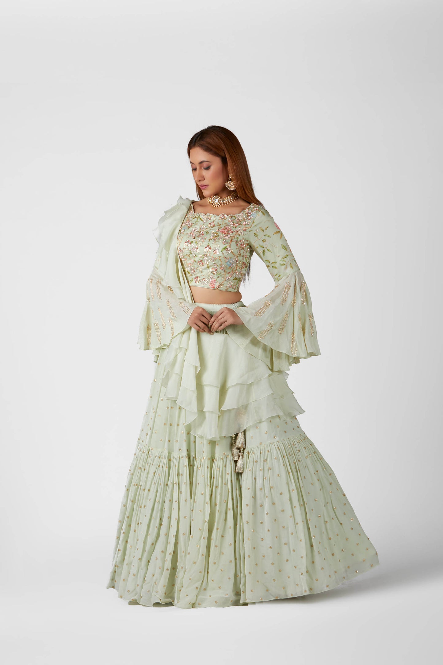 Mint Georgette & Satin Silk Layered Lehenga Set