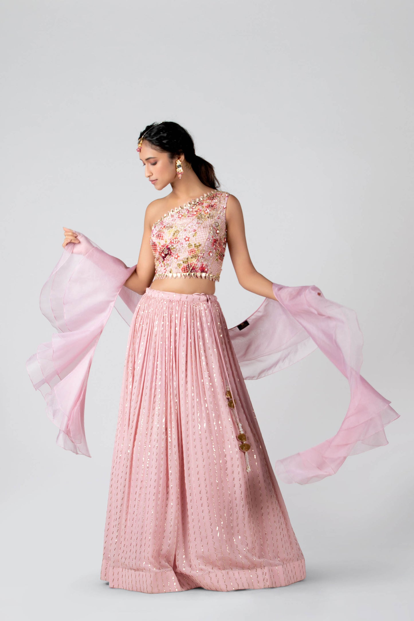 Pink one shoulder Lehenga Set