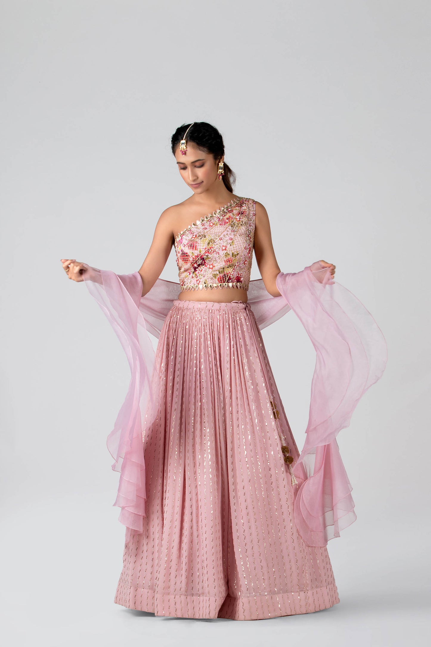 Pink one shoulder Lehenga Set