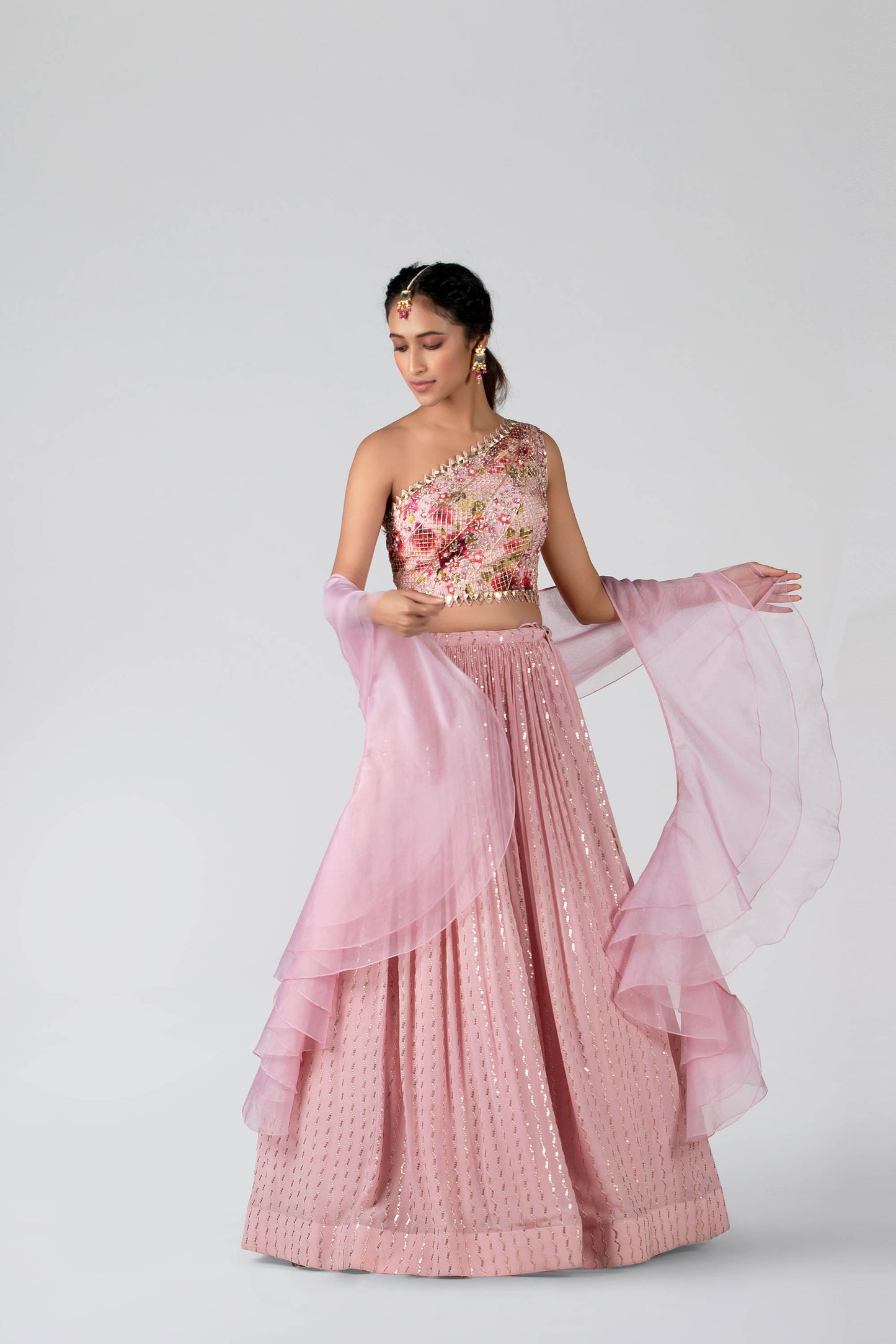 Pink one shoulder Lehenga Set