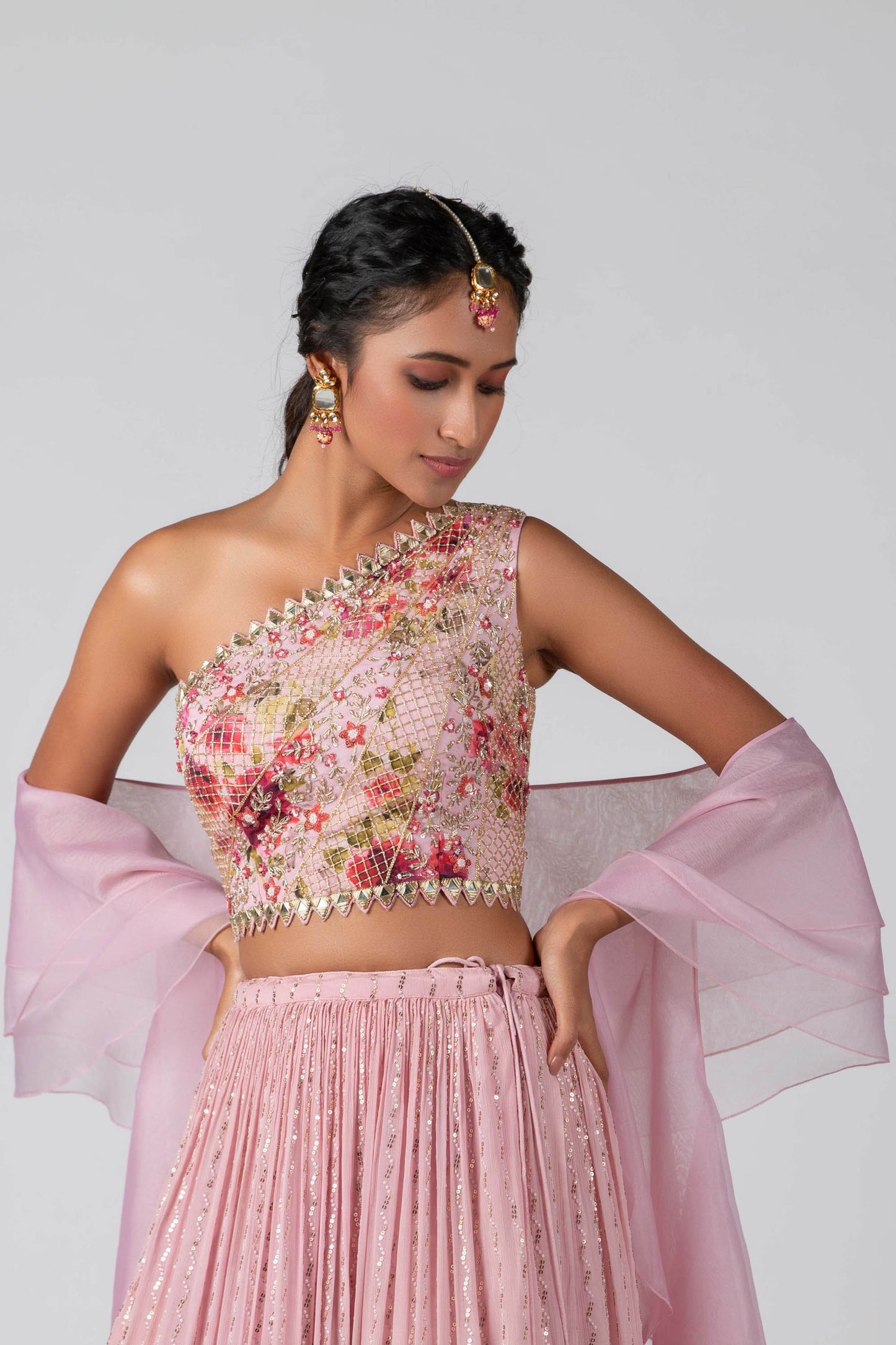 Pink one shoulder Lehenga Set