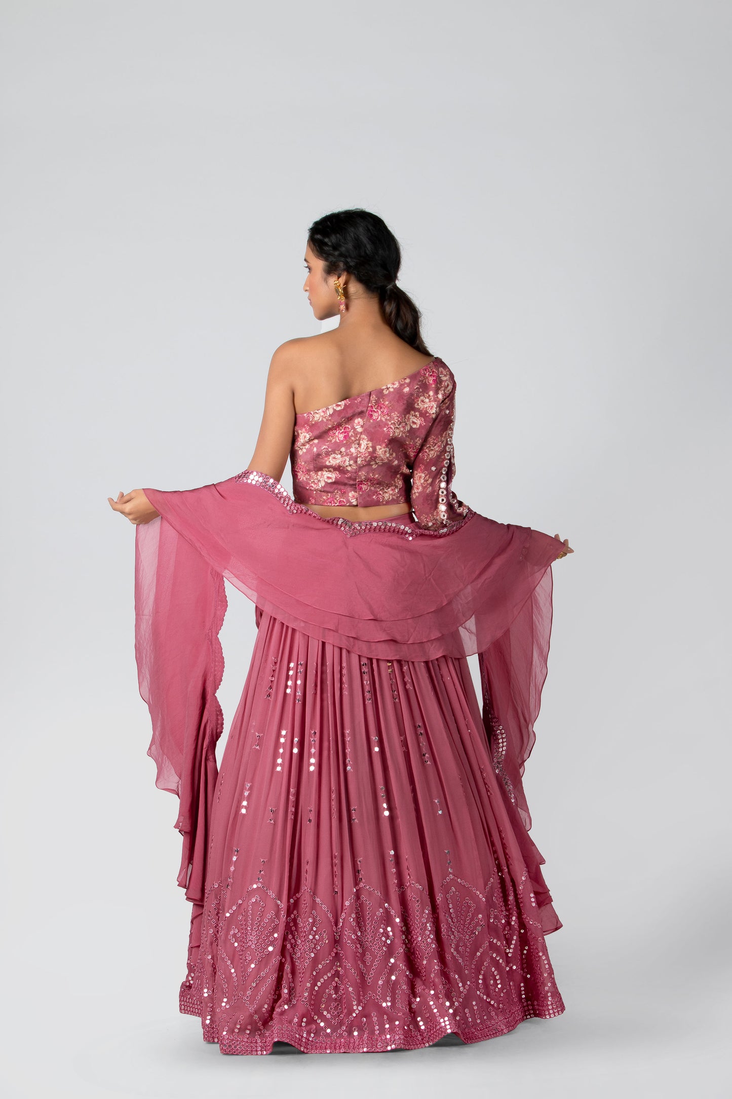 Dark Pink Pleated Skirt Lehenga Set