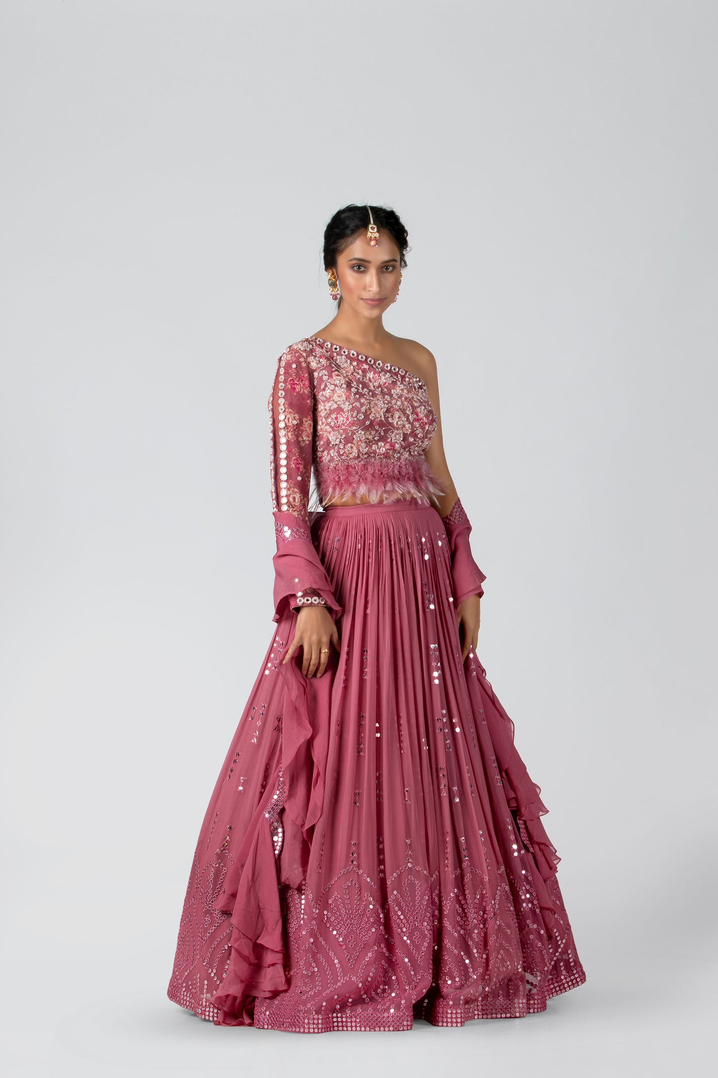 Dark Pink Pleated Skirt Lehenga Set