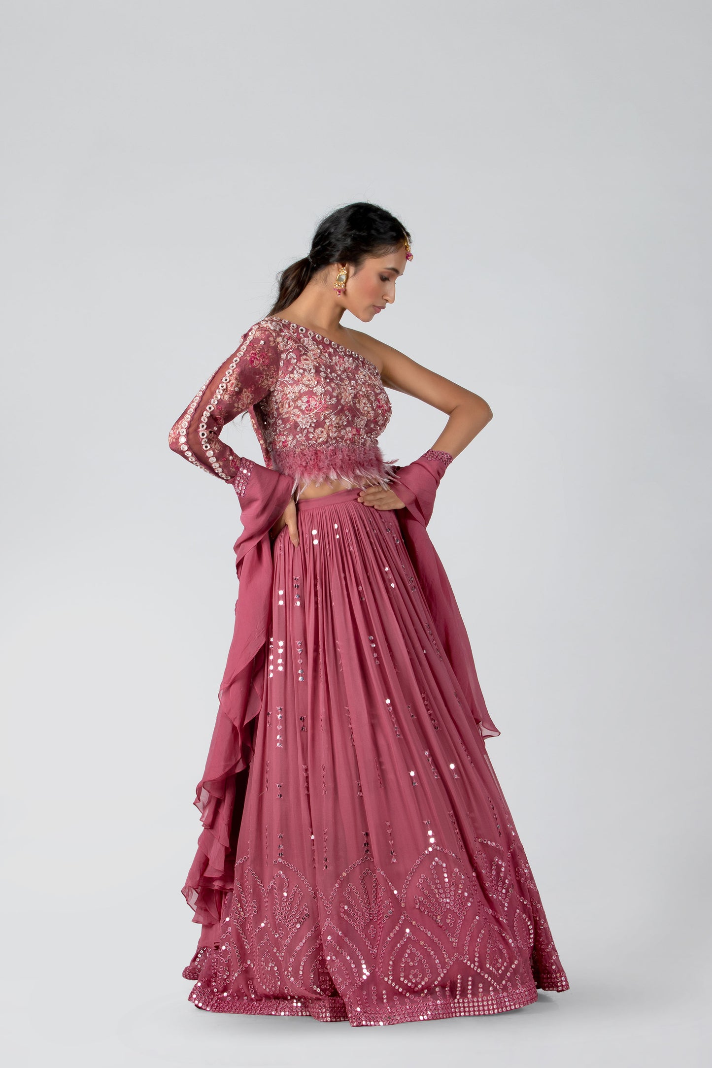 Dark Pink Pleated Skirt Lehenga Set