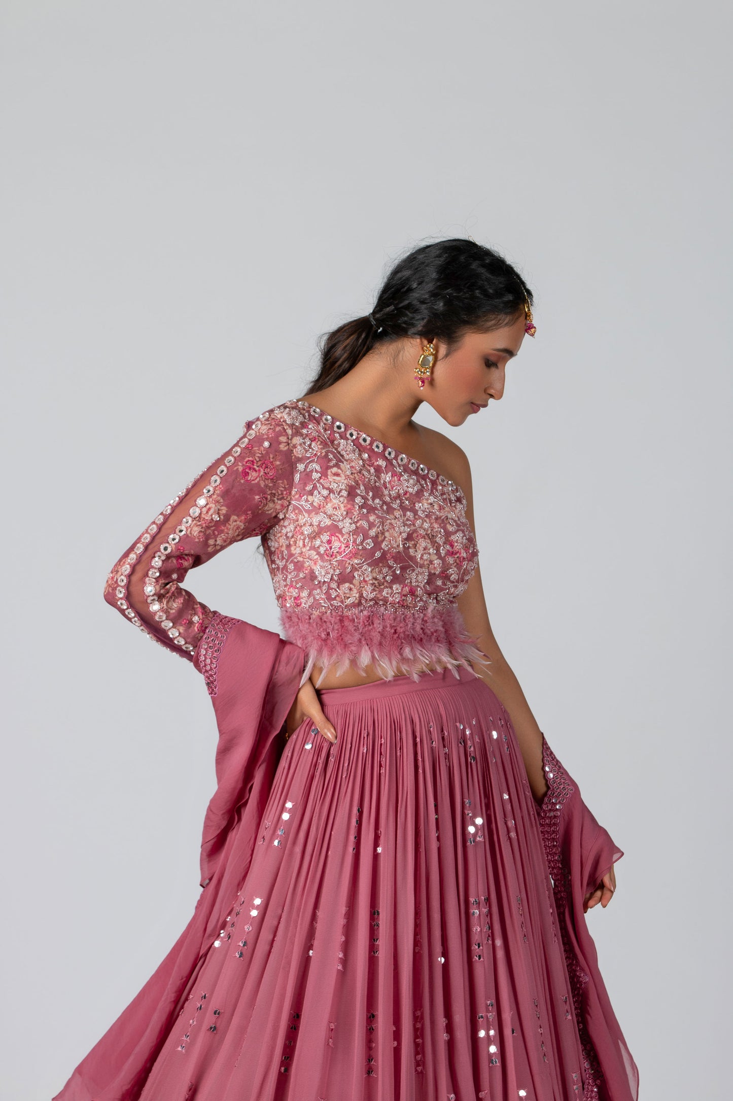 Dark Pink Pleated Skirt Lehenga Set