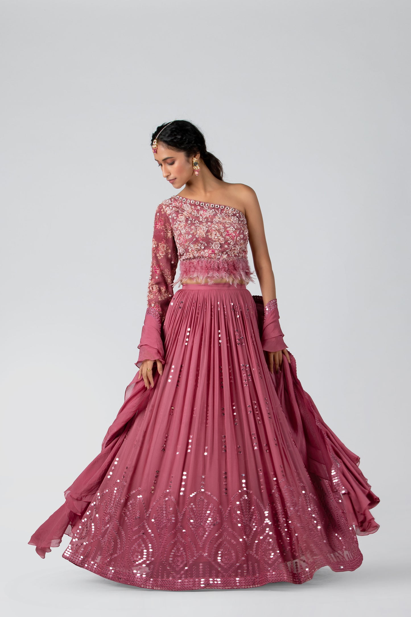 Dark Pink Pleated Skirt Lehenga Set