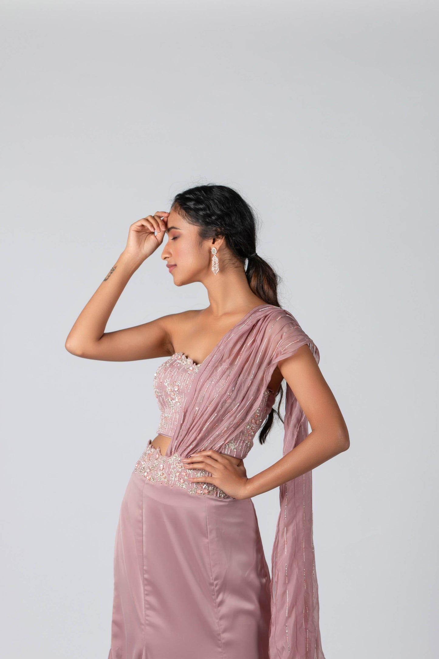 Sakura Pink Hand Embroidered Pre-Draped Skirt Saree Set