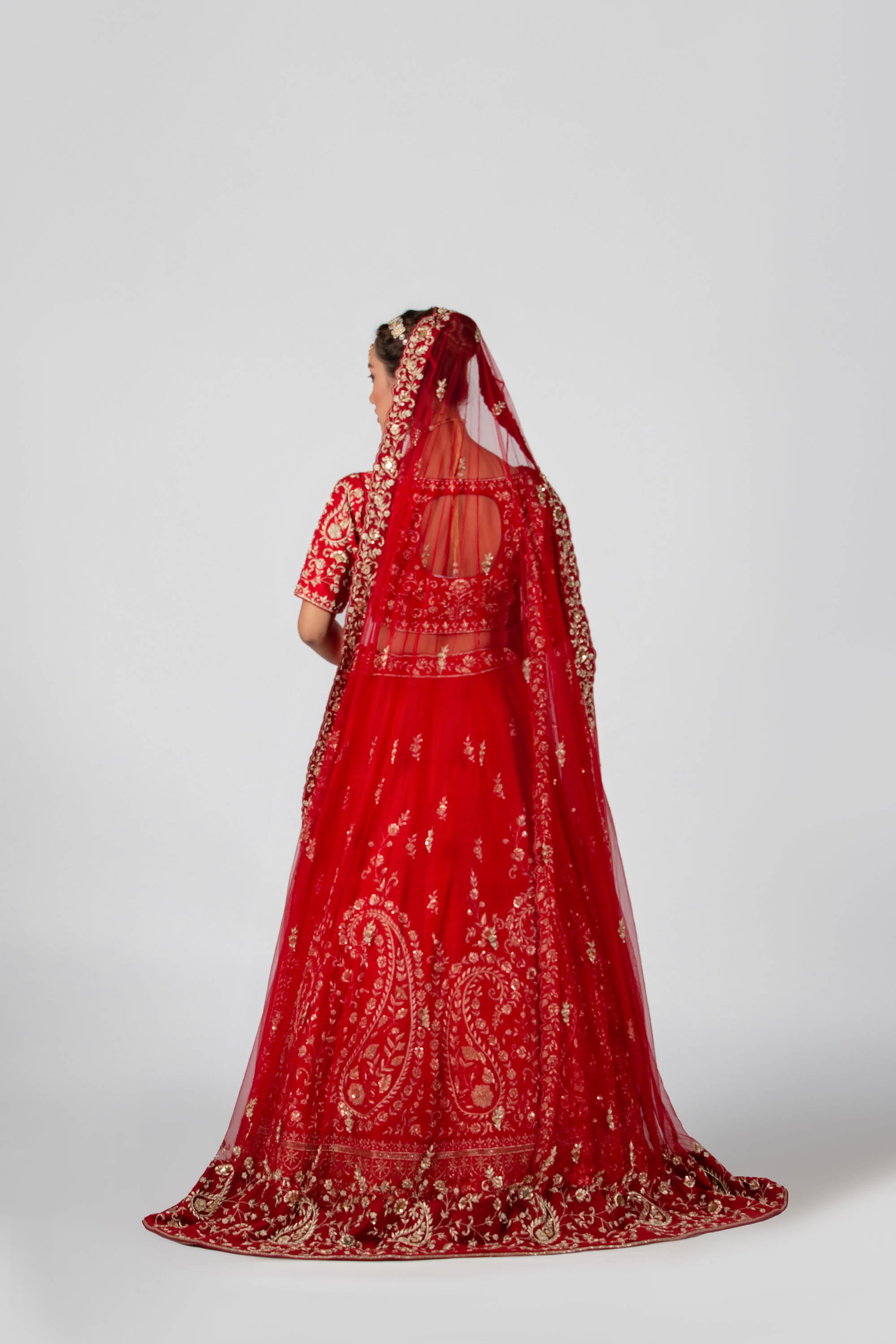 Cadmium Red Raw Silk  & Net Lehenga Set