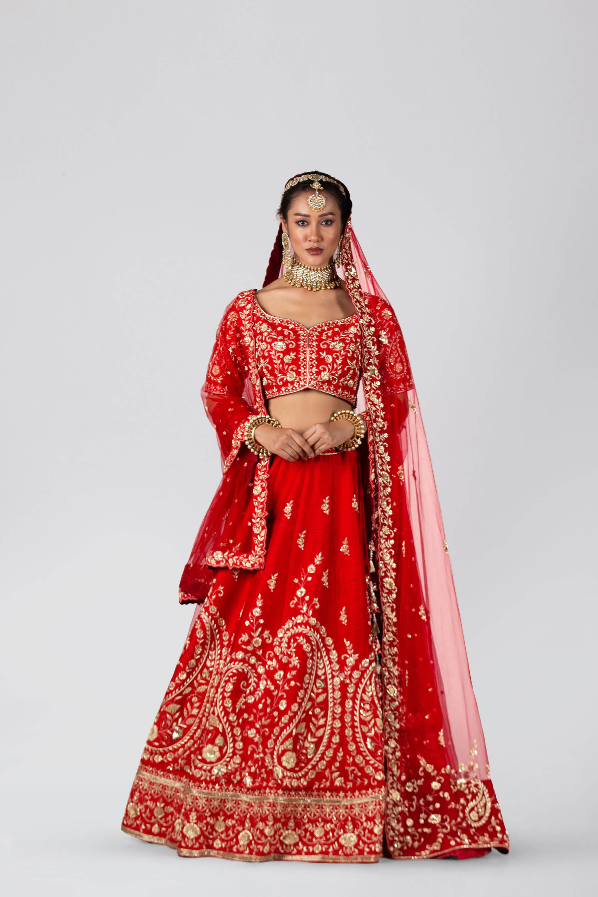 Cadmium Red Raw Silk  & Net Lehenga Set