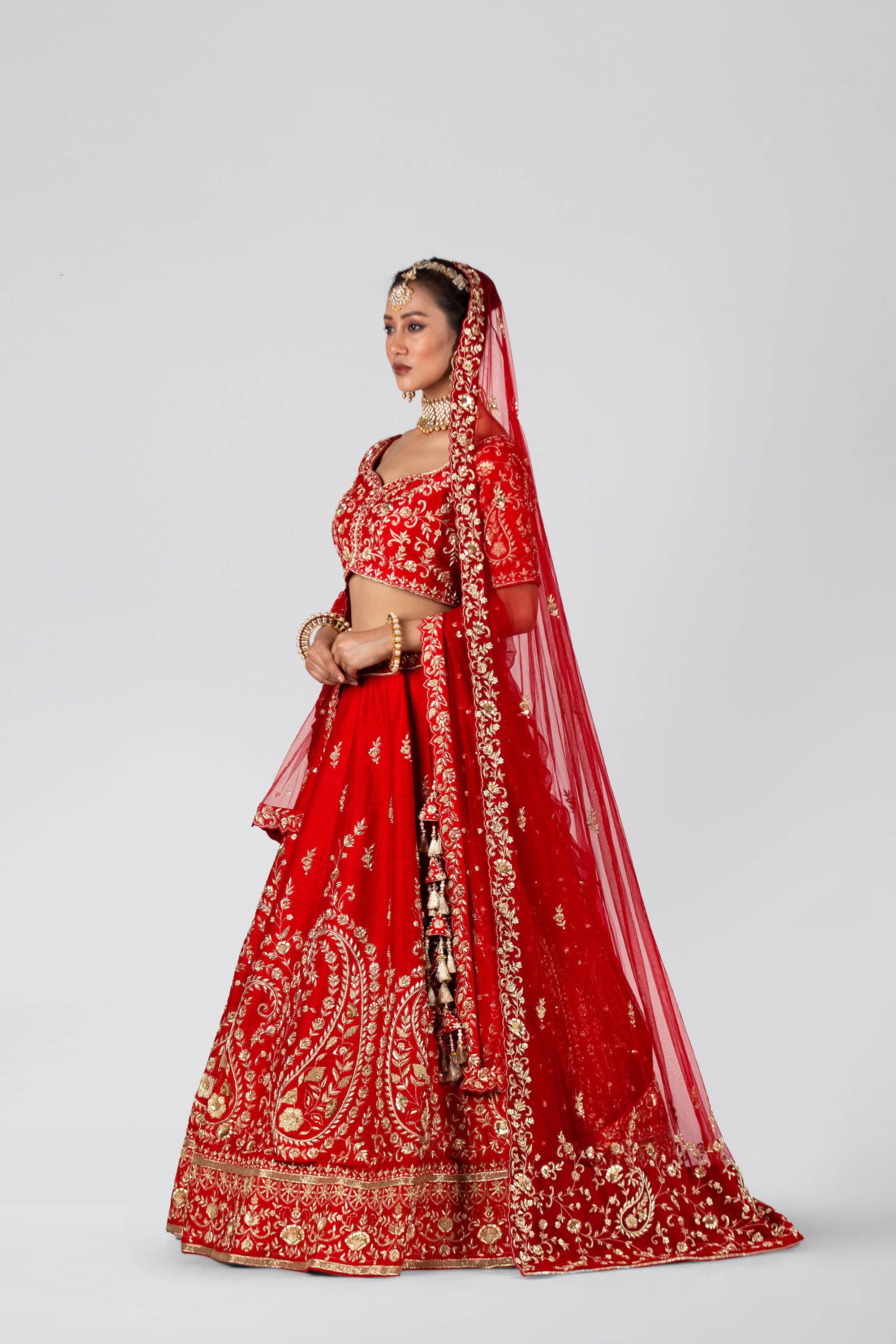 Cadmium Red Raw Silk  & Net Lehenga Set