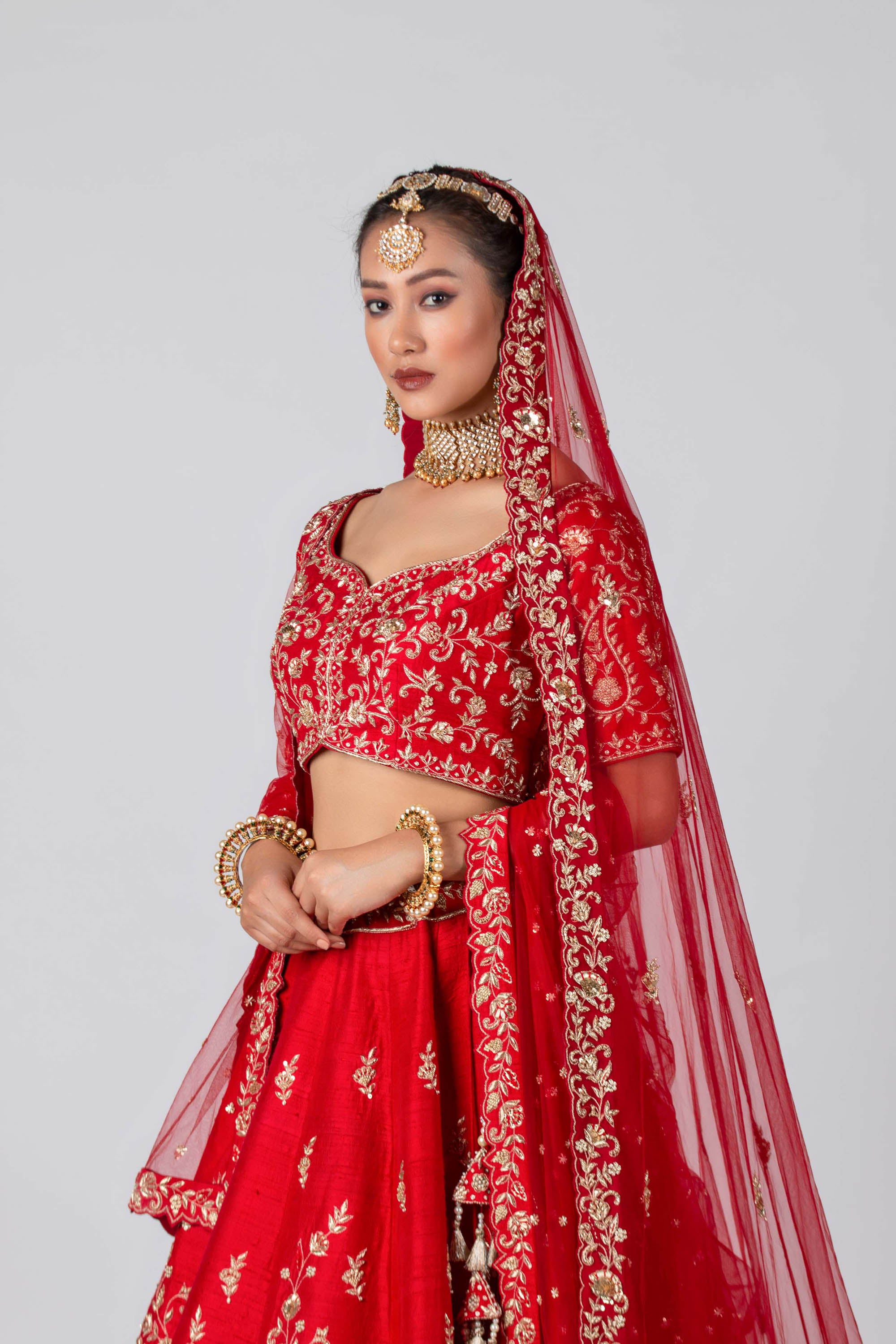 Cadmium Red Raw Silk  & Net Lehenga Set