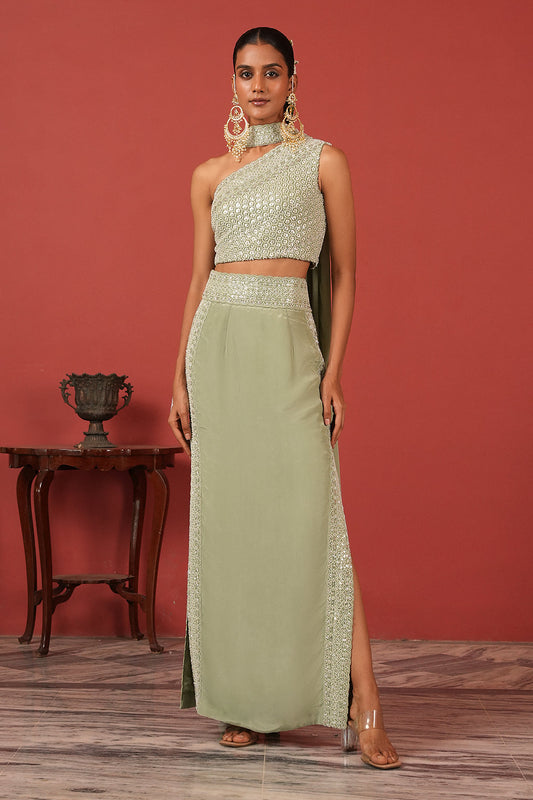 One-Shoulder Embroidered Top with Straight-Fit Skirt Set