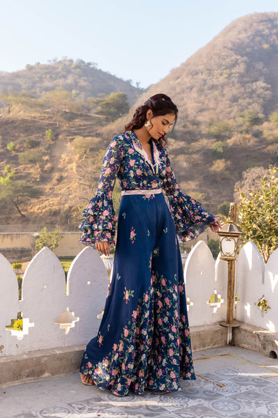Blue Georgette Crepe Embroidered Jumpsuit With Belt