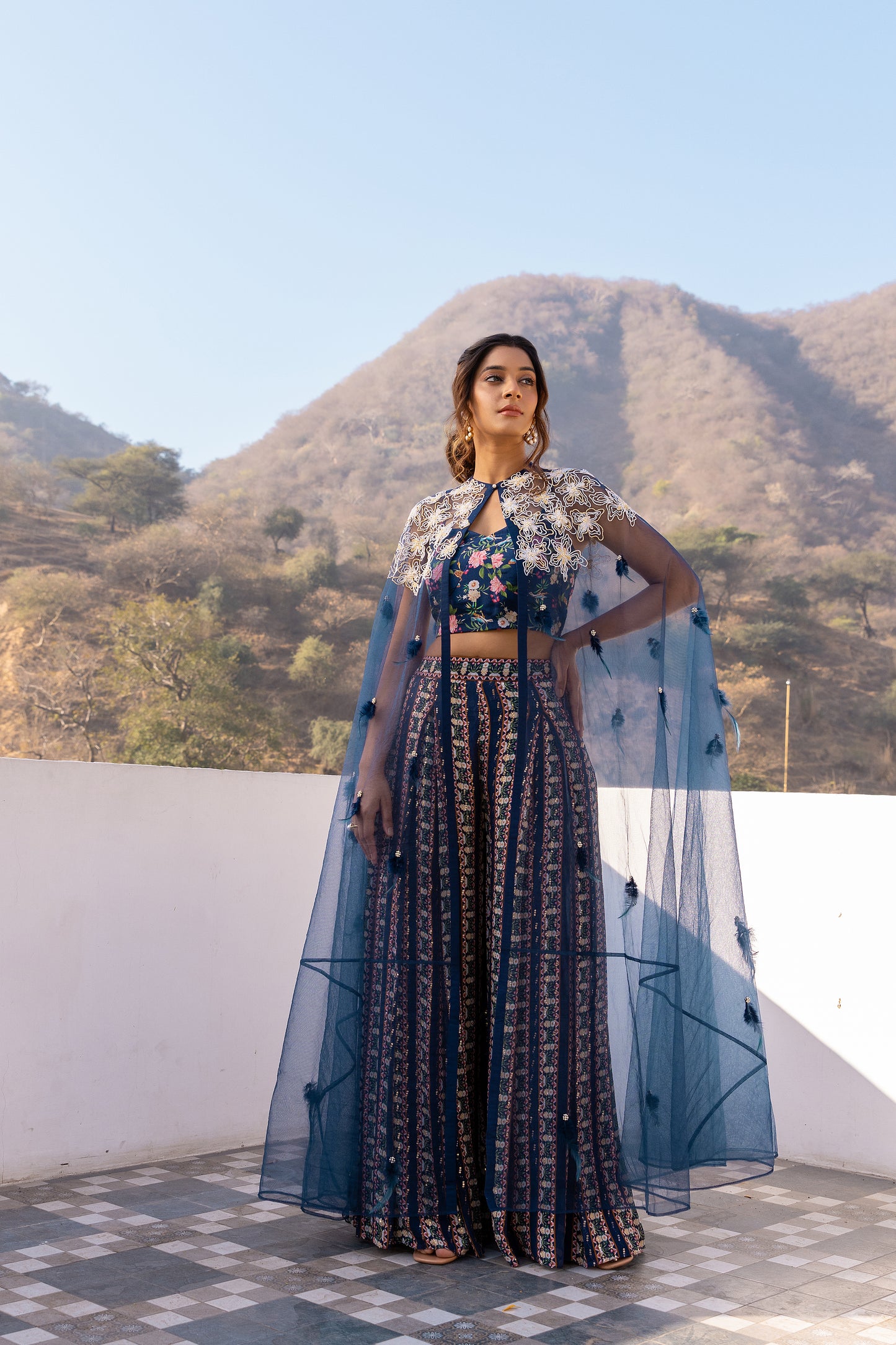 Blue Net Embroidered Cape Set