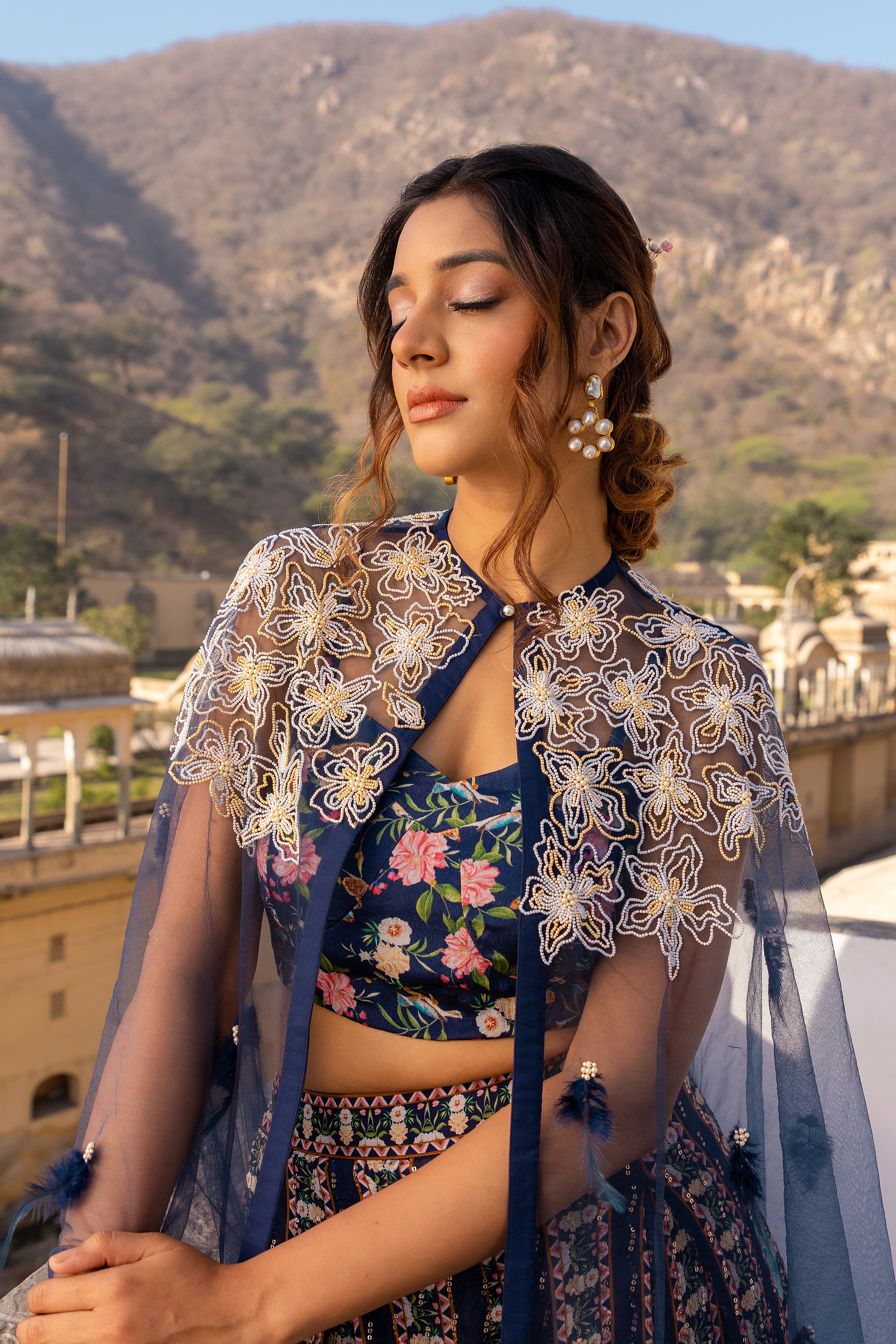Blue Net Embroidered Cape Set