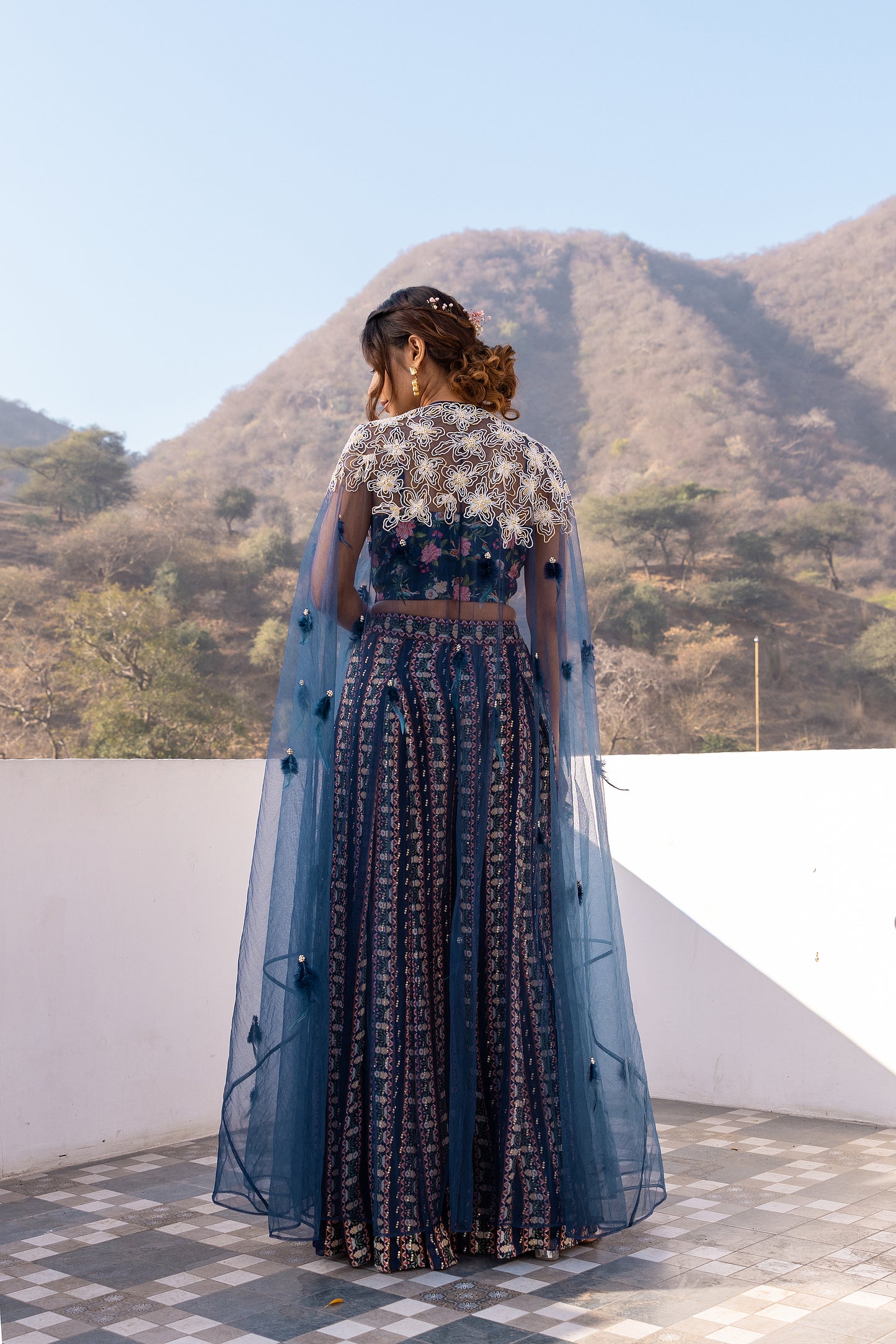 Blue Net Embroidered Cape Set