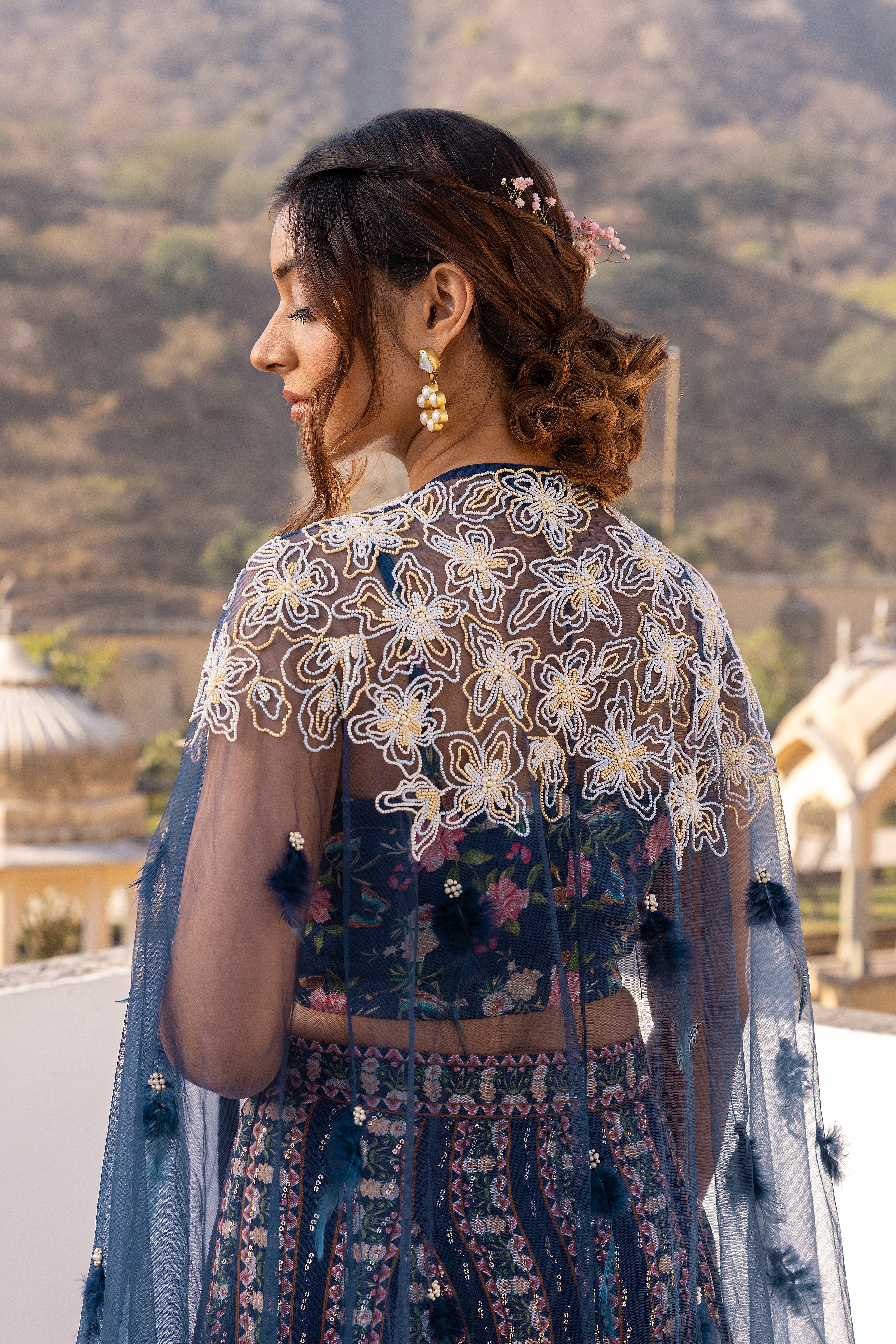 Blue Net Embroidered Cape Set