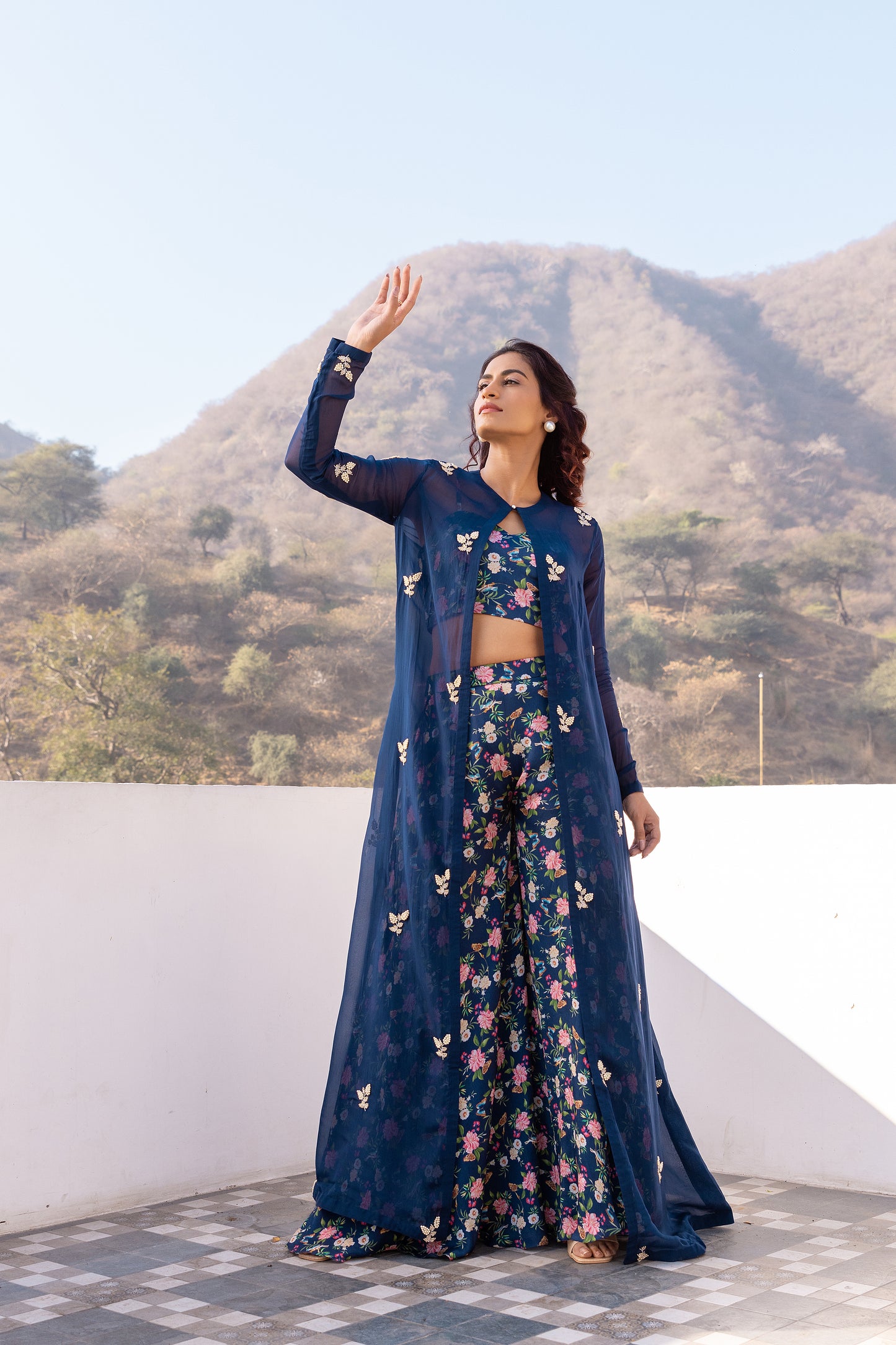 Blue Georgette Crepe Embroidered Jacket Set