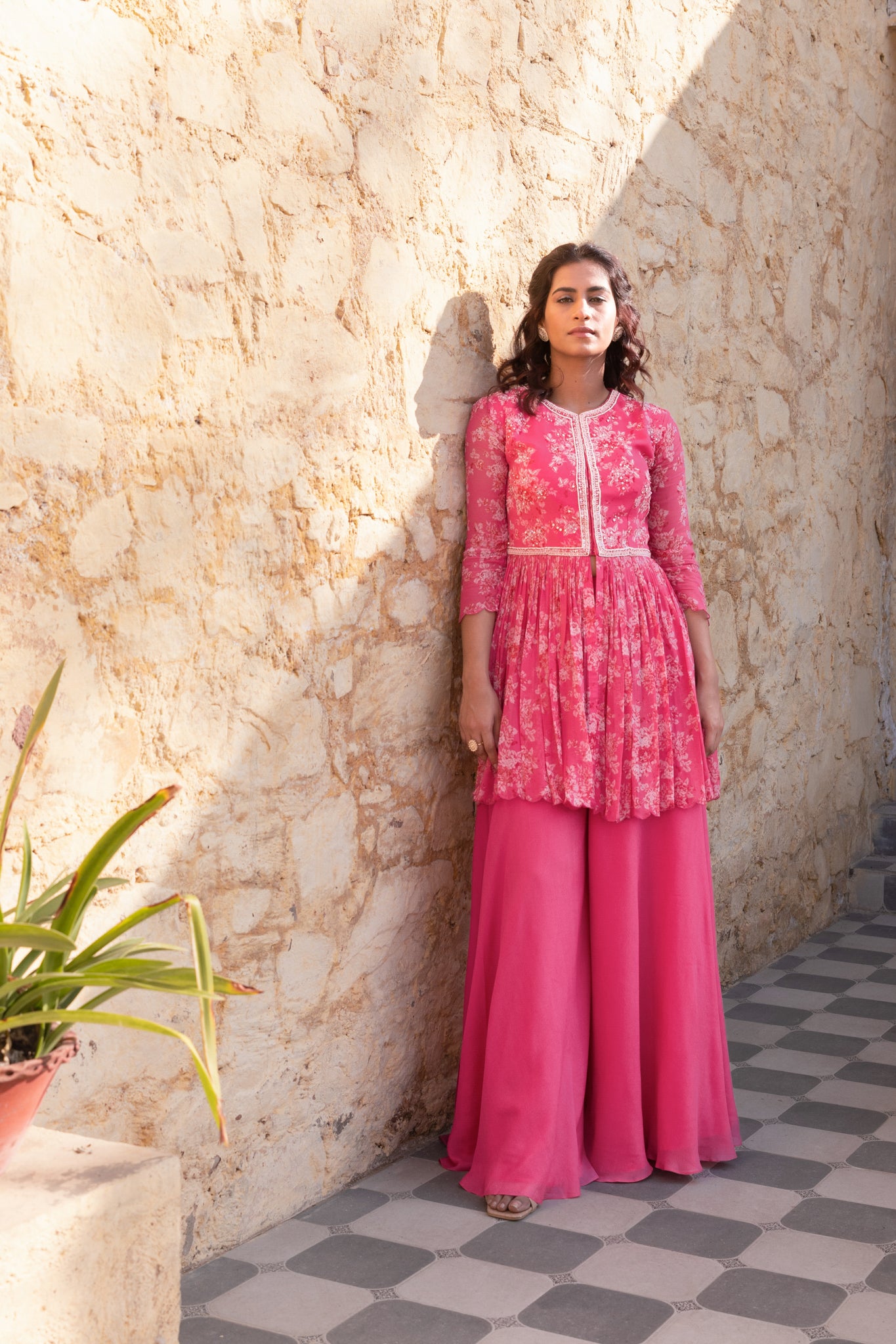 Fuchsia Pink Georgette Embroidered Jacket Set