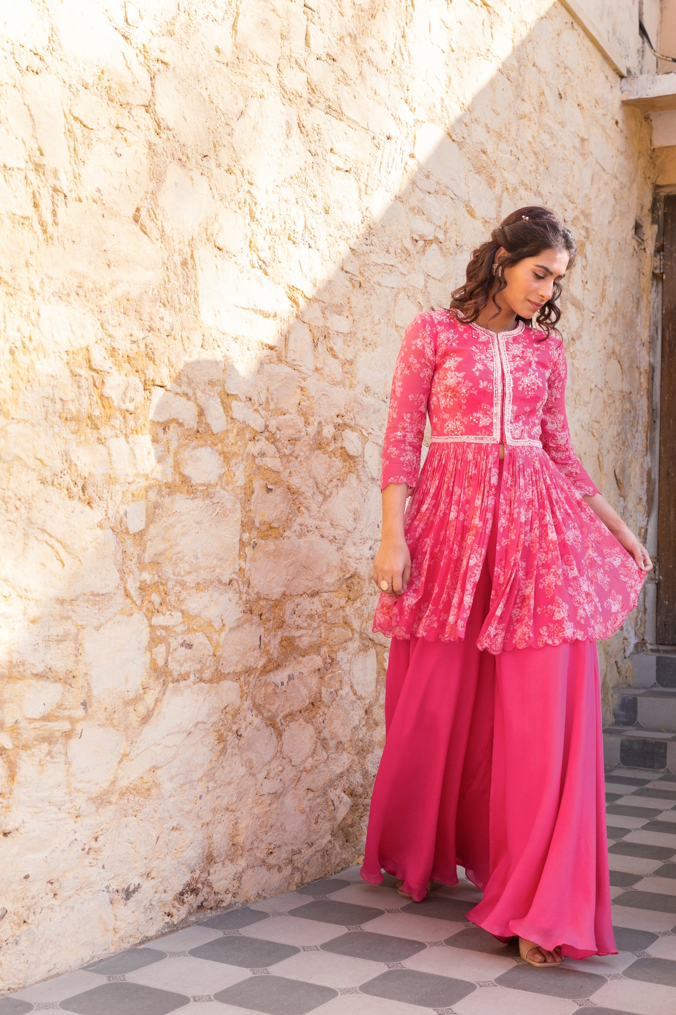 Fuchsia Pink Georgette Embroidered Jacket Set