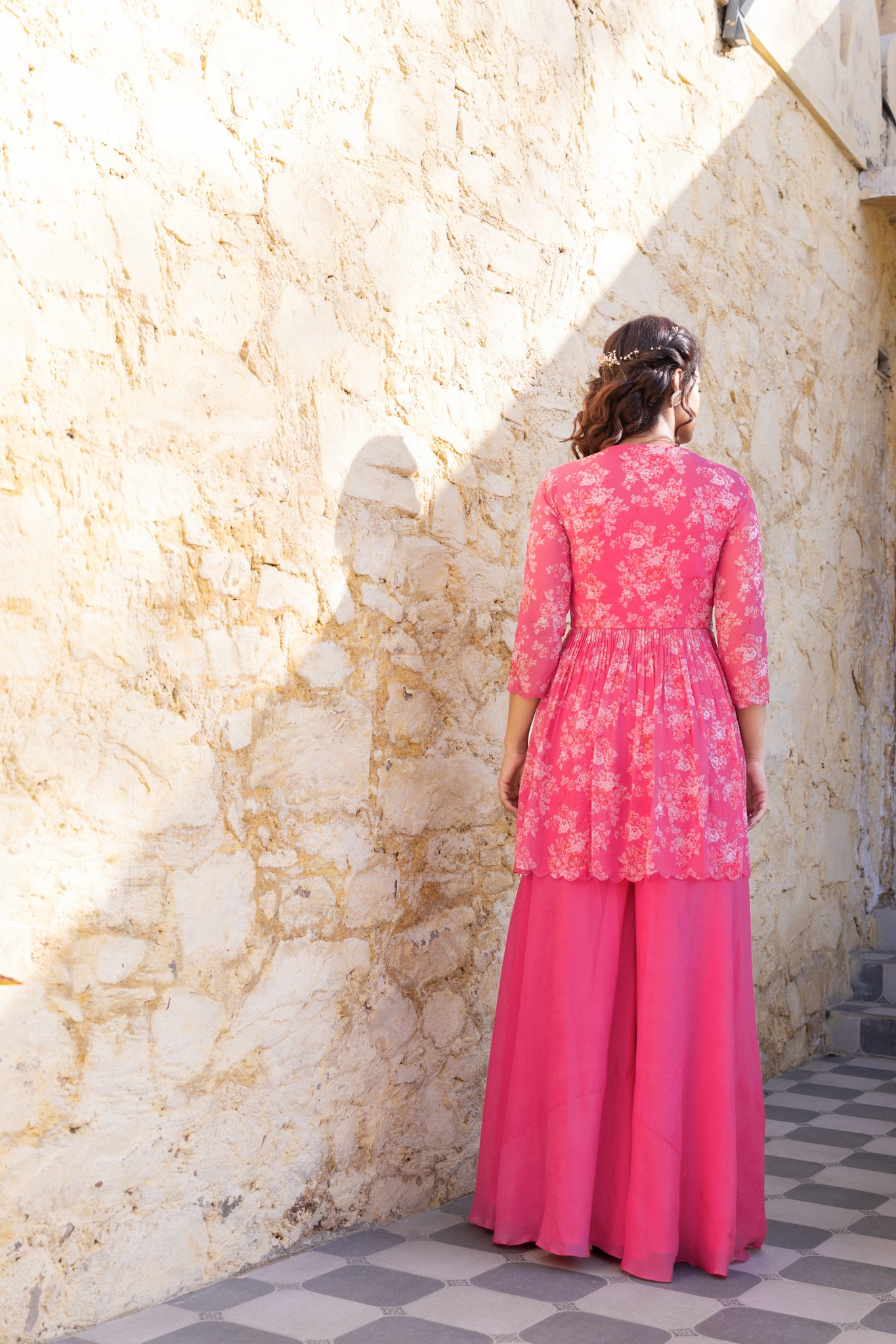 Fuchsia Pink Georgette Embroidered Jacket Set