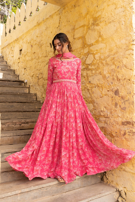 Fuchsia Pink Georgette Hand Embroidered Anarkali Set