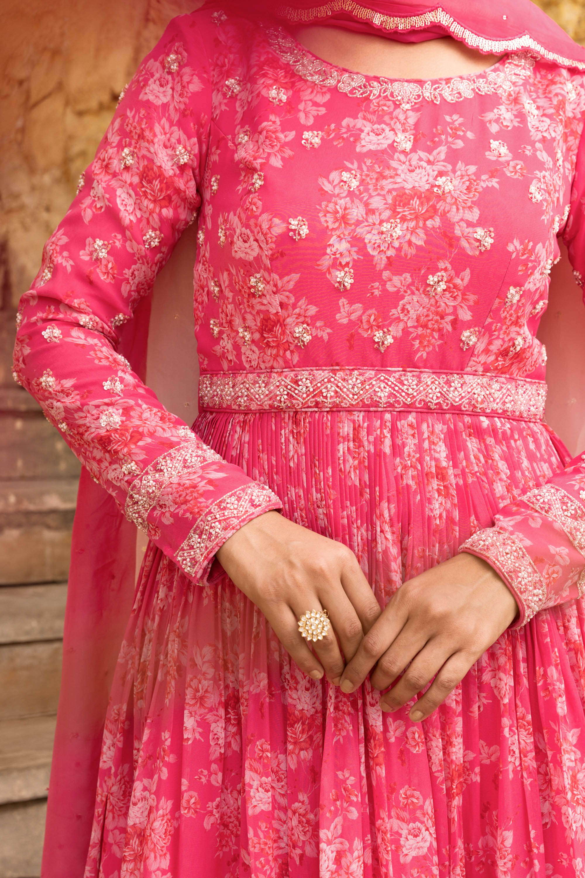 Fuchsia Pink Georgette Hand Embroidered Anarkali Set