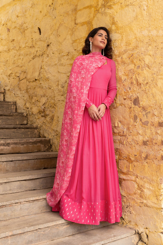 Fuchsia Pink Georgette Embroidered Anarkali Set