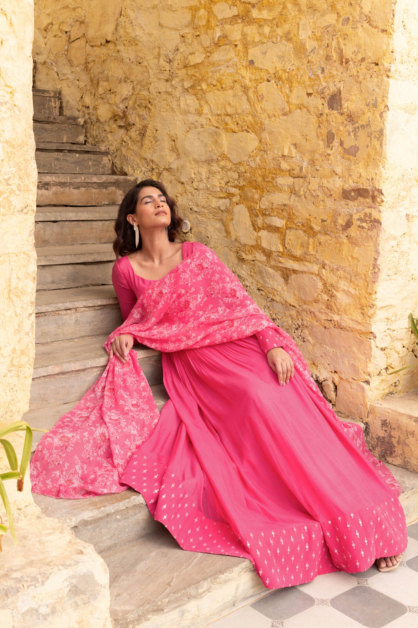 Fuchsia Pink Georgette Embroidered Anarkali Set