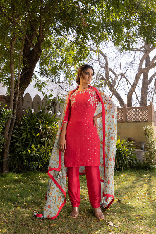 Coral Georgette & Tussar Handcrafted Kurta Set