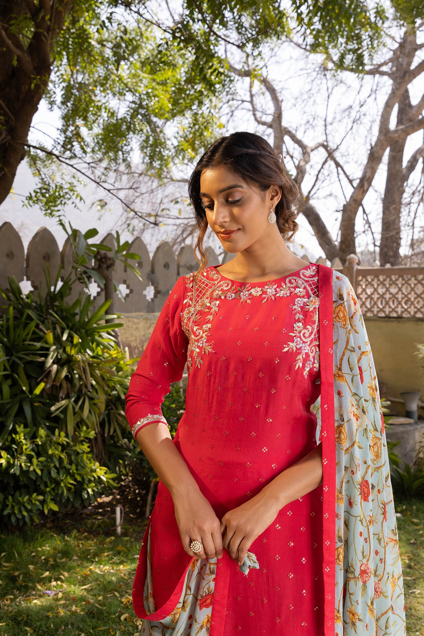 Coral Georgette & Tussar Handcrafted Kurta Set