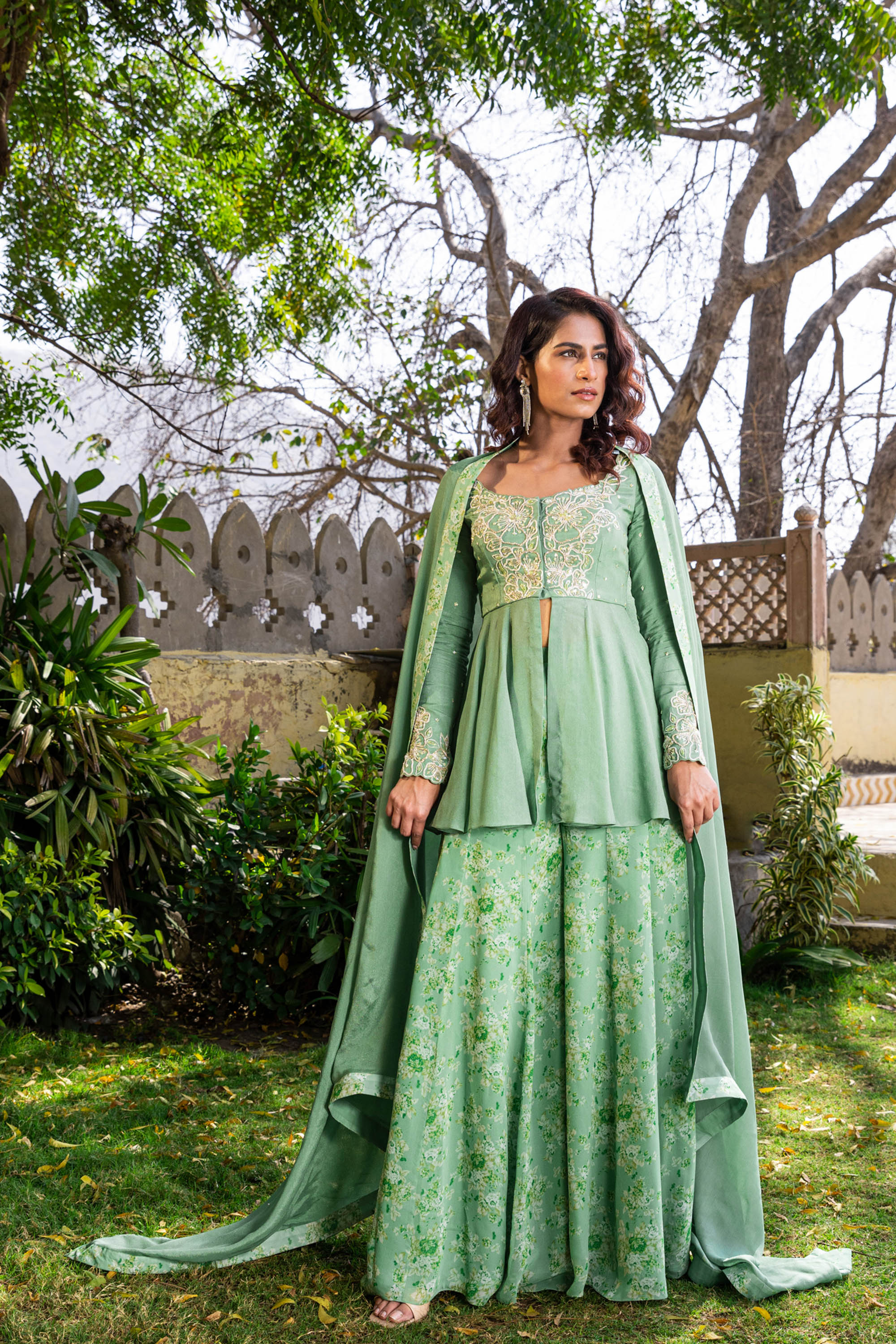 Green Georgette & Net Embroidered Sharara Set