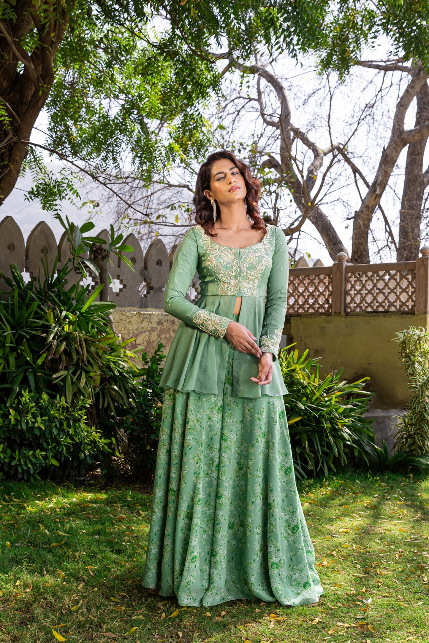 Green Georgette & Net Embroidered Sharara Set