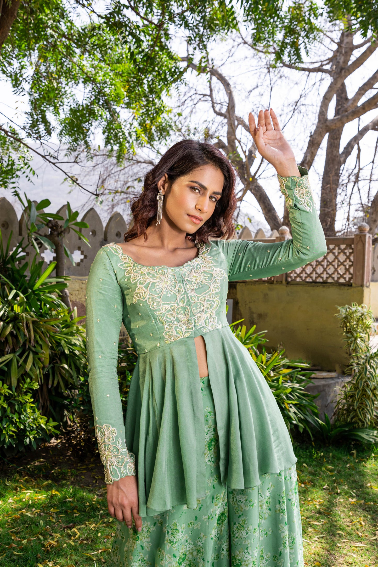 Green Georgette & Net Embroidered Sharara Set