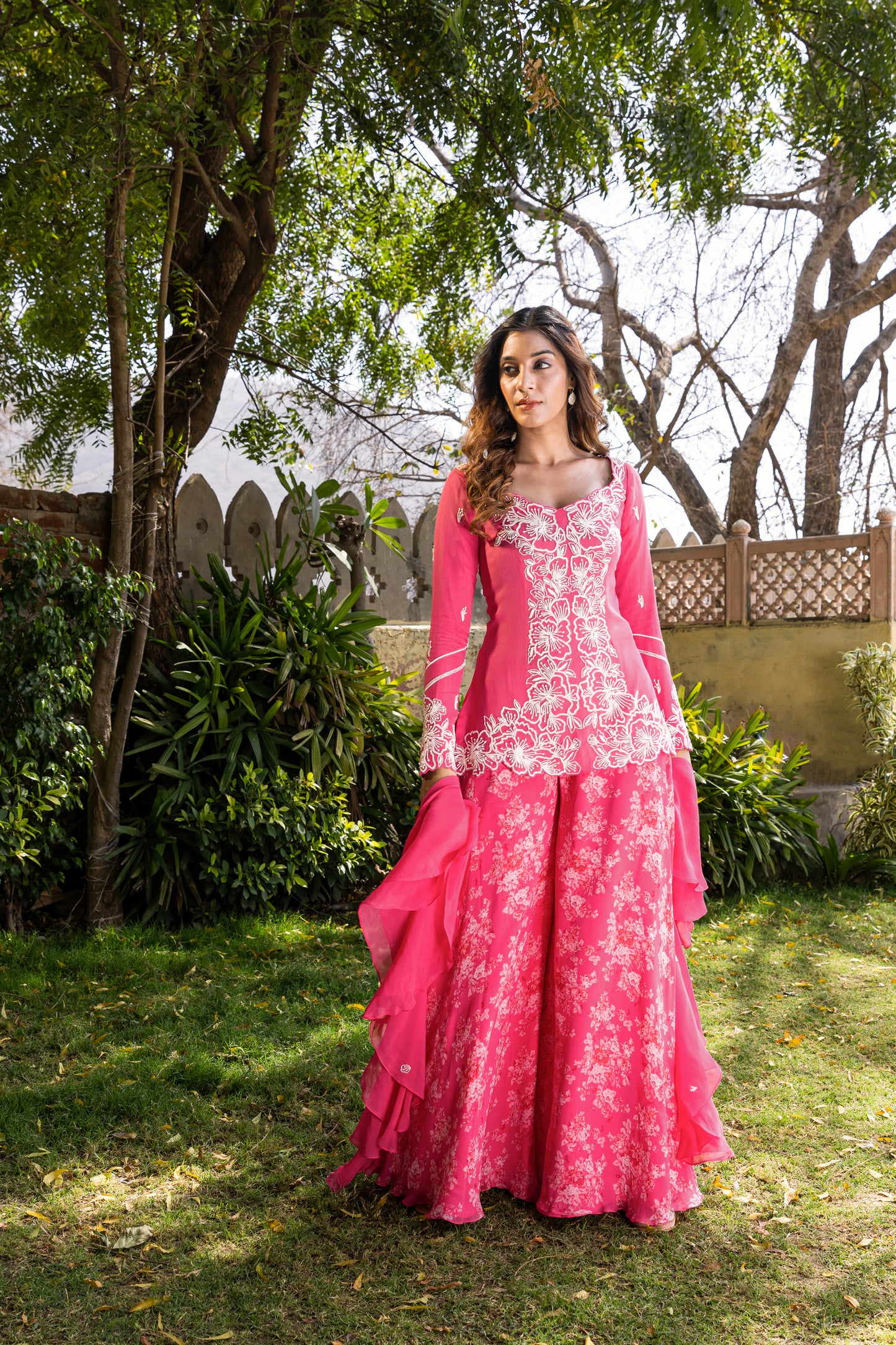 Pink Georgette Embroidered Sharara Set