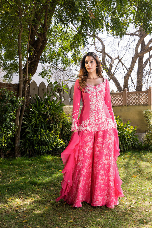 Pink Georgette Embroidered Sharara Set