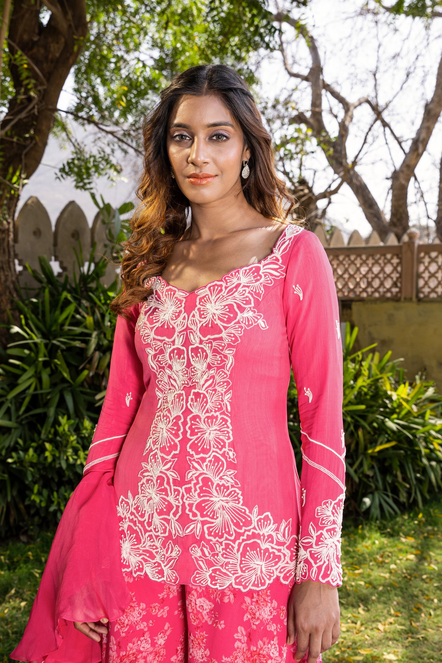 Pink Georgette Embroidered Sharara Set