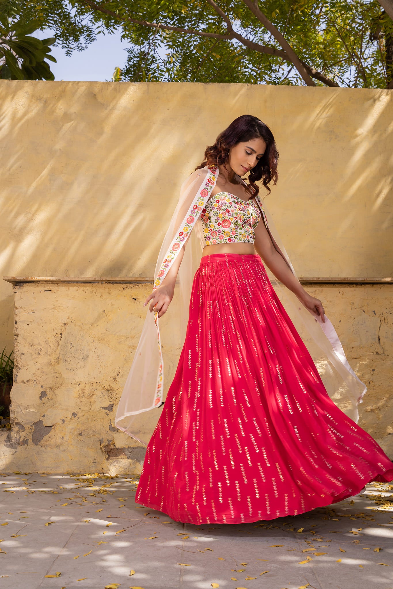 Coral And Light Peach Lehenga Set