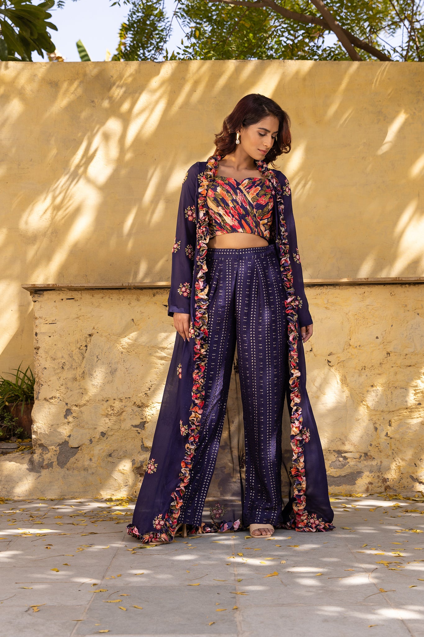 Purple Georgette Embroidered Jacket Set