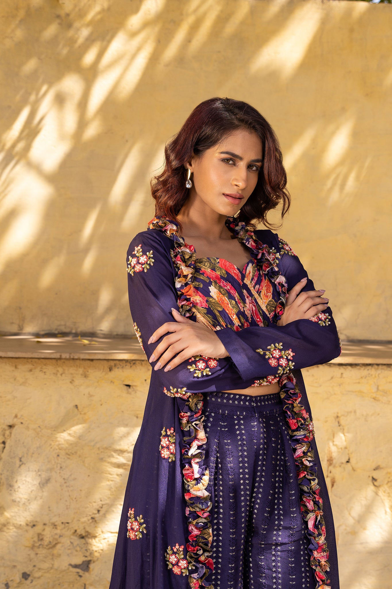 Purple Georgette Embroidered Jacket Set