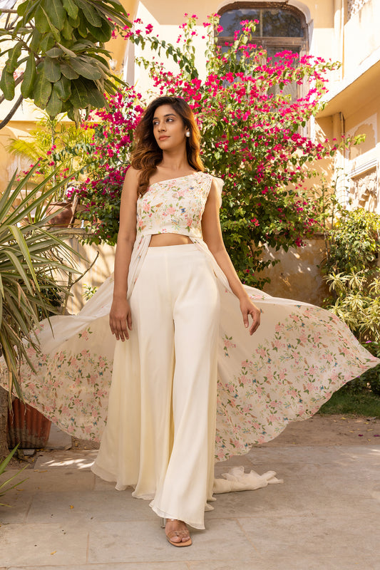 White Crepe Georgette Flared Pant Set