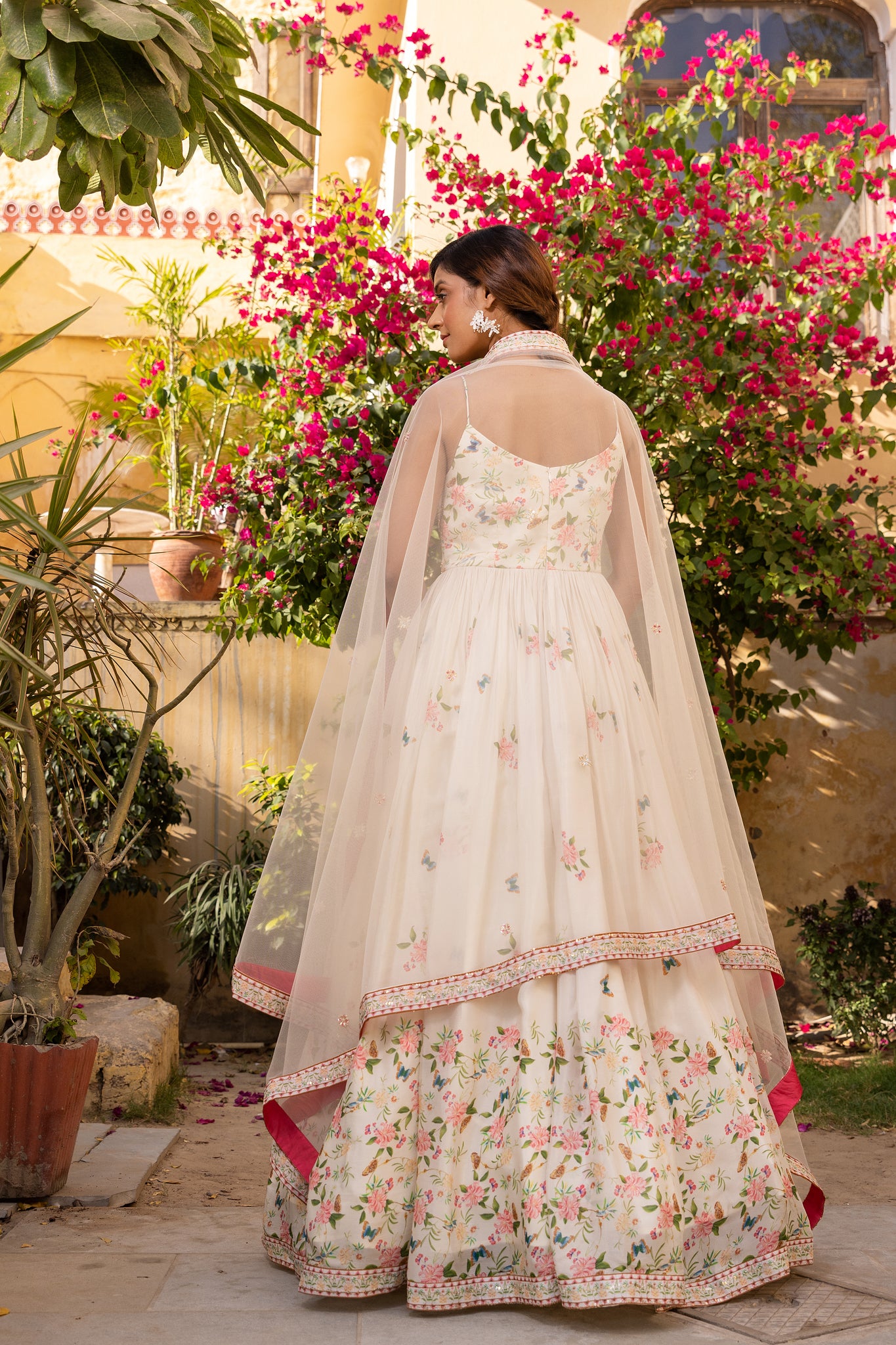 Off-White Georgette Crepe Printed & Embroidered Anarkali Set