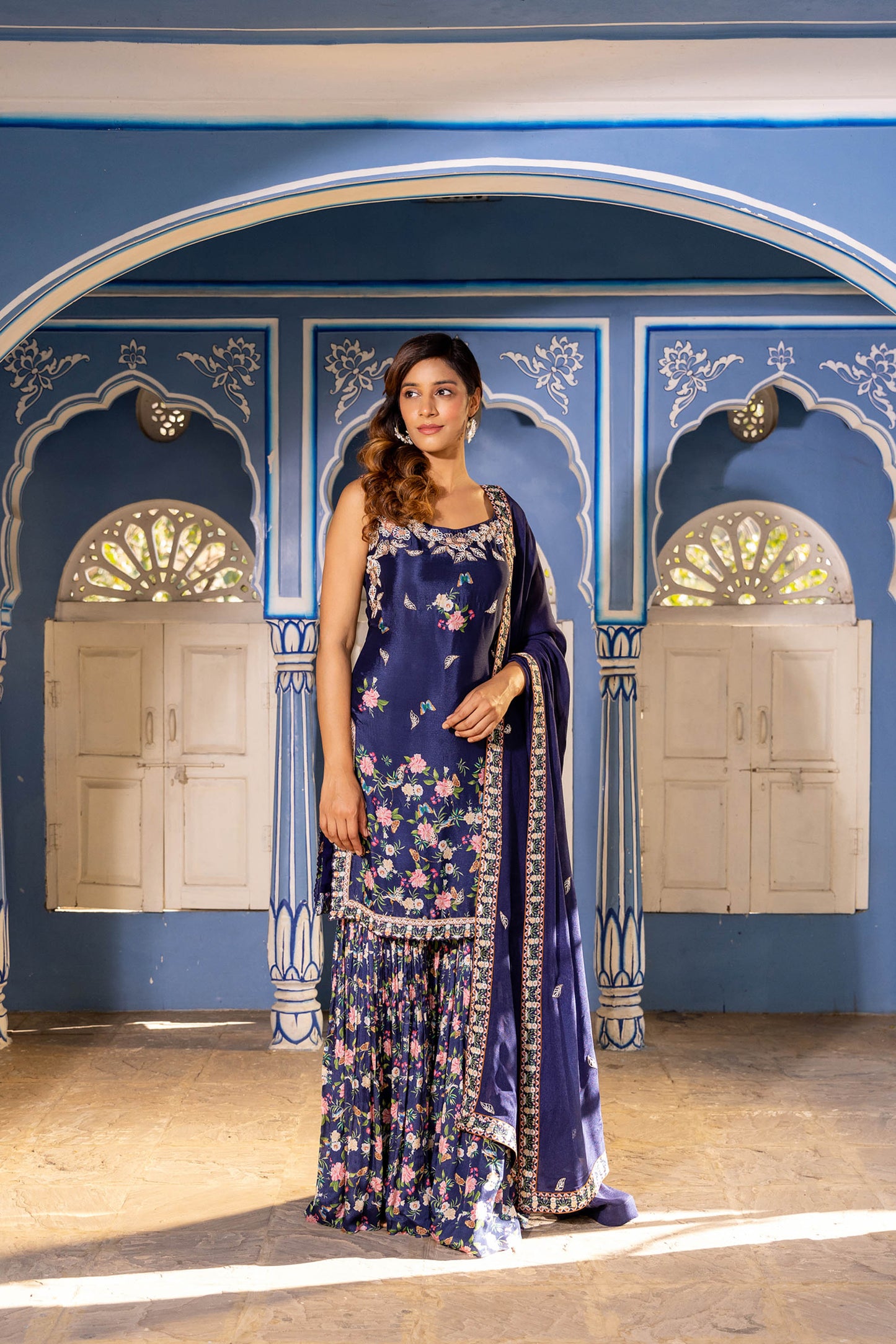 Navy Blue Georgette Crepe Sharara Set