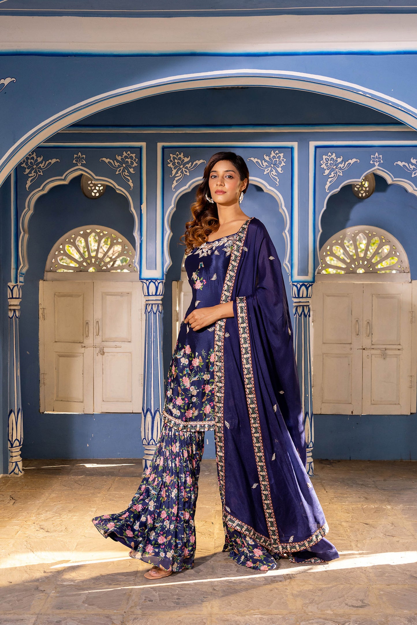 Navy Blue Georgette Crepe Sharara Set