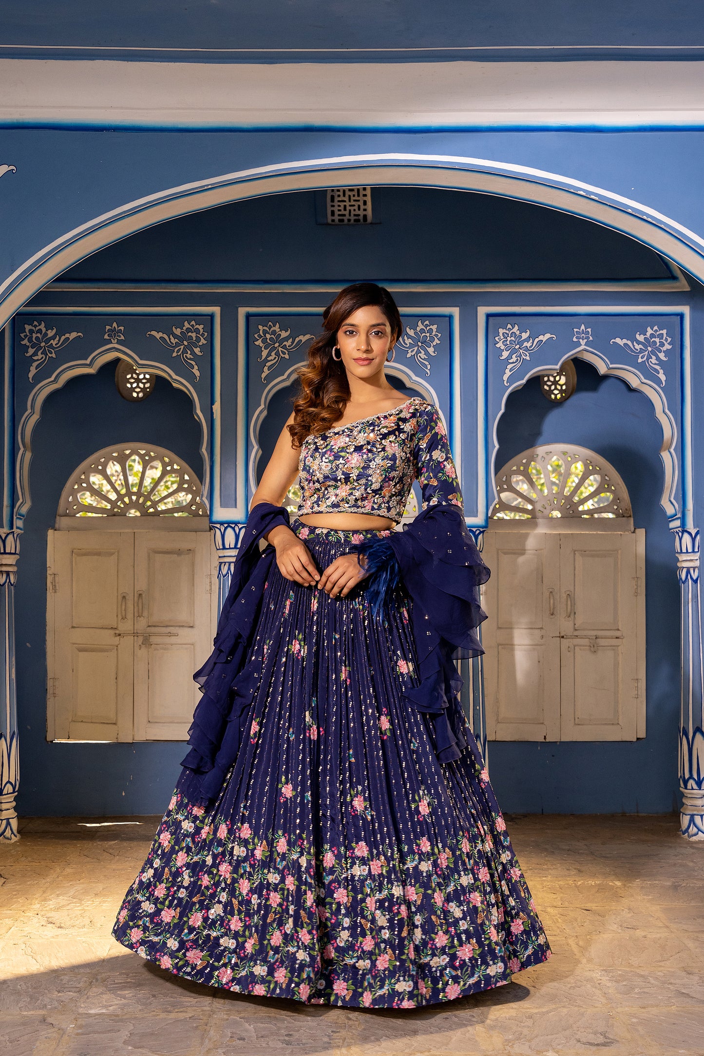 Blue one shoulder fur lehenga