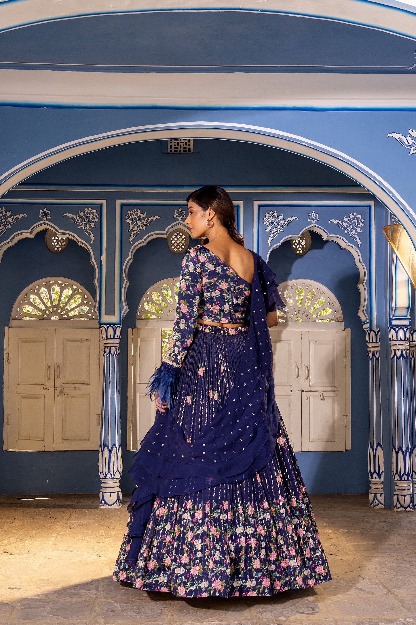 Blue one shoulder fur lehenga