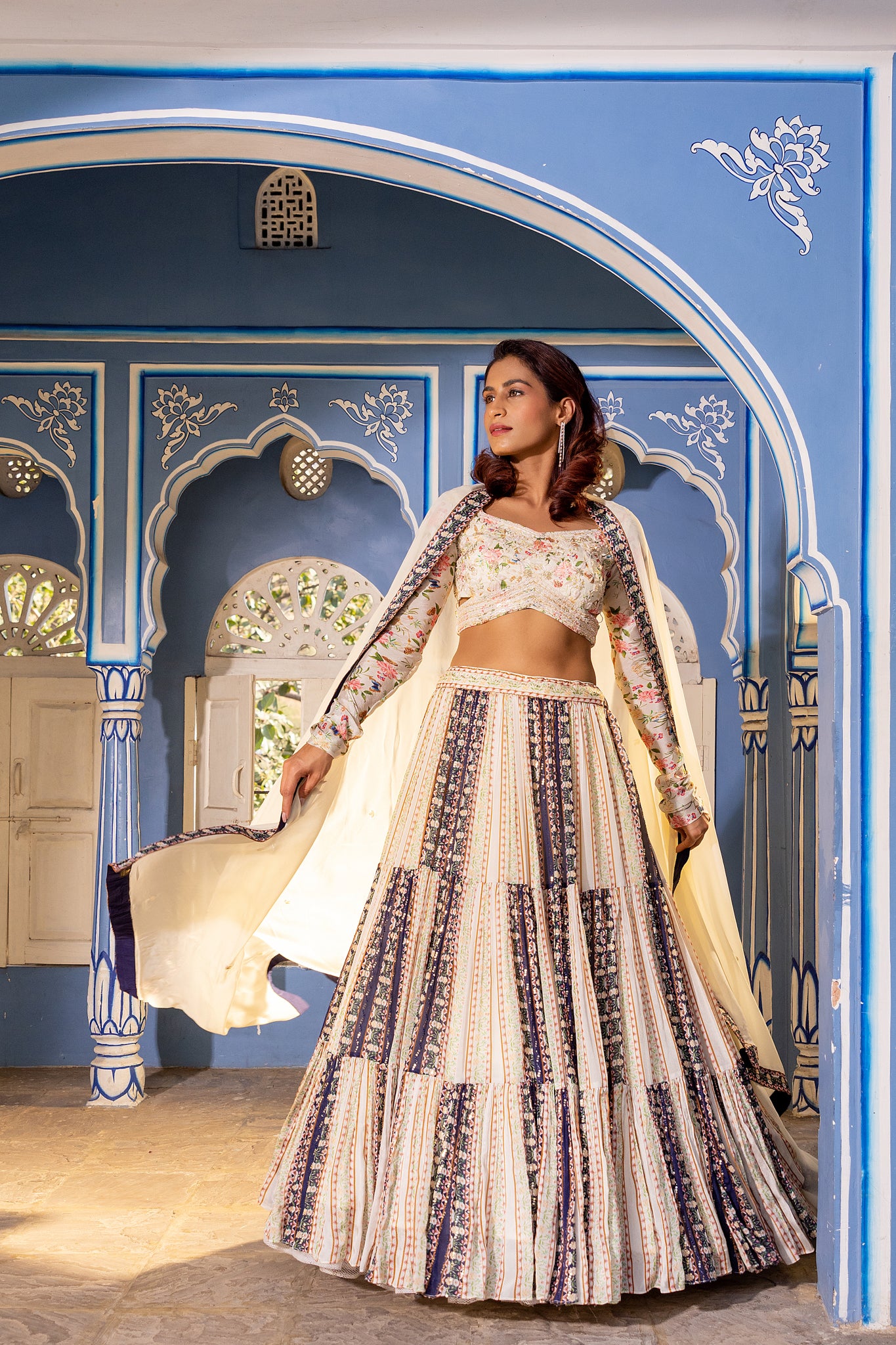 Off white blue layer lehenga set