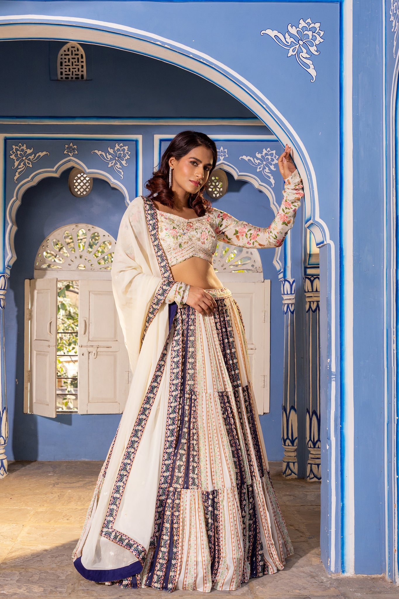 Off white blue layer lehenga set