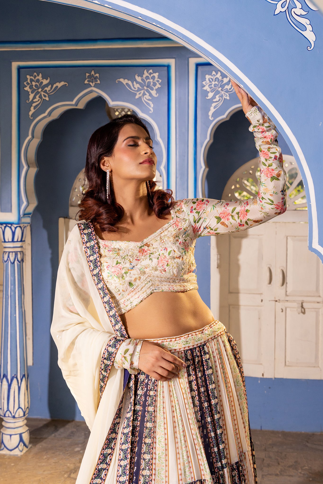 Off white blue layer lehenga set