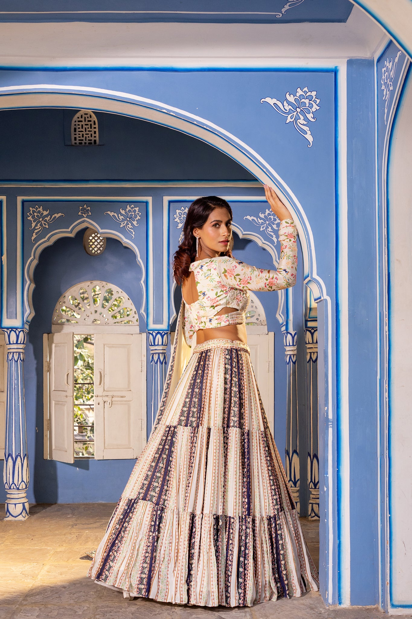 Off white blue layer lehenga set